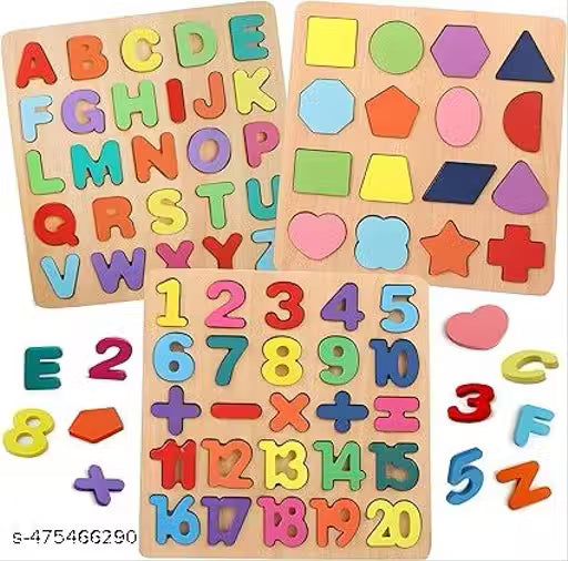 Wooden 3D Capital Alphabets, Numbers, and Shapes Board Puzzle Toy, Educational Toy Puzzles for Early Learning, Colorful Toy, Montessori Toy for Pre-Schooler Kids, Multicolor (Pack of 3)