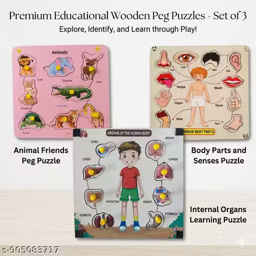 Kids Intelligence Builder Wooden Puzzle – Animal Shapes + Body Parts + Body Organs Learning Toy | montessori toys for kids | Creative Kids Wooden Puzzle Combo