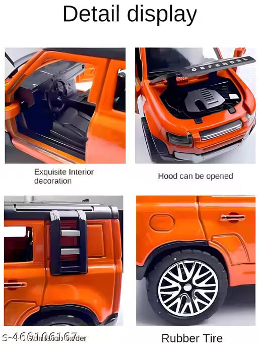 Orange toy car with detailed features including open hood, interior, and tire.