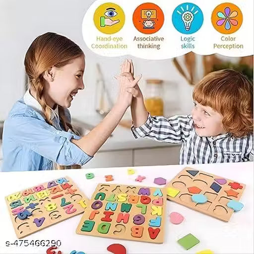 Wooden 3D Capital Alphabets, Numbers, and Shapes Board Puzzle Toy, Educational Toy Puzzles for Early Learning, Colorful Toy, Montessori Toy for Pre-Schooler Kids, Multicolor (Pack of 3)