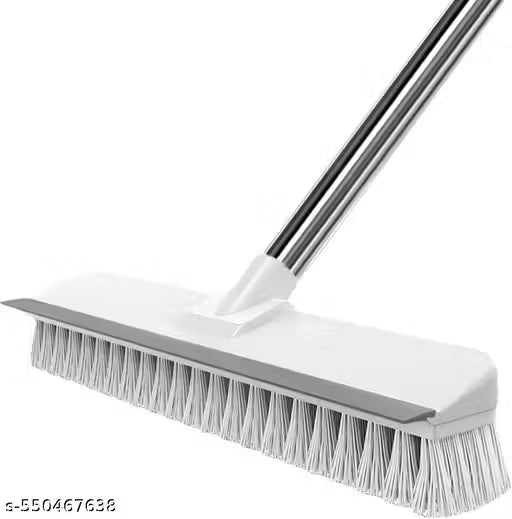 2 in 1 Bathroom Cleaning Brush with Wiper and Long Handle Floor Scrub Tiles Cleaning Brush for Home, Kitchen, Bathroom Cleaning Accessories, White, Stainless Steel