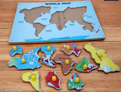 World Map Puzzles and Indentifier Wooden Board Puzzle with Knobs | Educational Puzzle | Learning Aid for Boys, Girls, Kids and Students