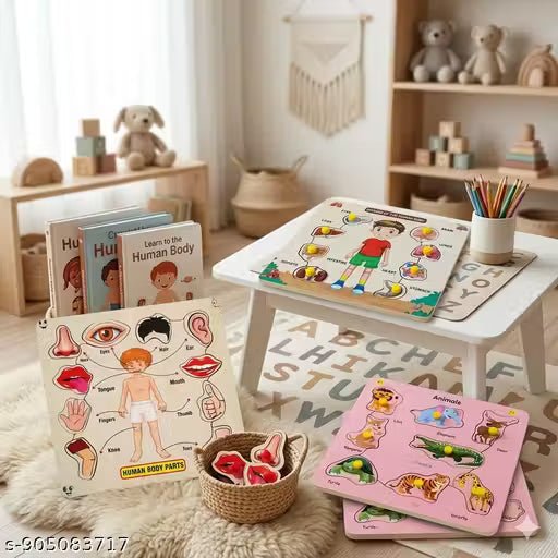 Kids Intelligence Builder Wooden Puzzle – Animal Shapes + Body Parts + Body Organs Learning Toy | montessori toys for kids | Creative Kids Wooden Puzzle Combo