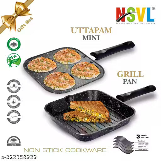 Non Stick Grill Pan & Mini Uttapam Pan Tawa Aluminum Multi Snack Maker / 2 pc Combo