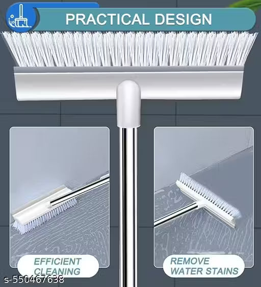 2 in 1 Bathroom Cleaning Brush with Wiper and Long Handle Floor Scrub Tiles Cleaning Brush for Home, Kitchen, Bathroom Cleaning Accessories, White, Stainless Steel