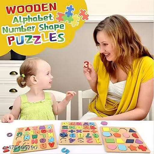 Wooden 3D Capital Alphabets, Numbers, and Shapes Board Puzzle Toy, Educational Toy Puzzles for Early Learning, Colorful Toy, Montessori Toy for Pre-Schooler Kids, Multicolor (Pack of 3)